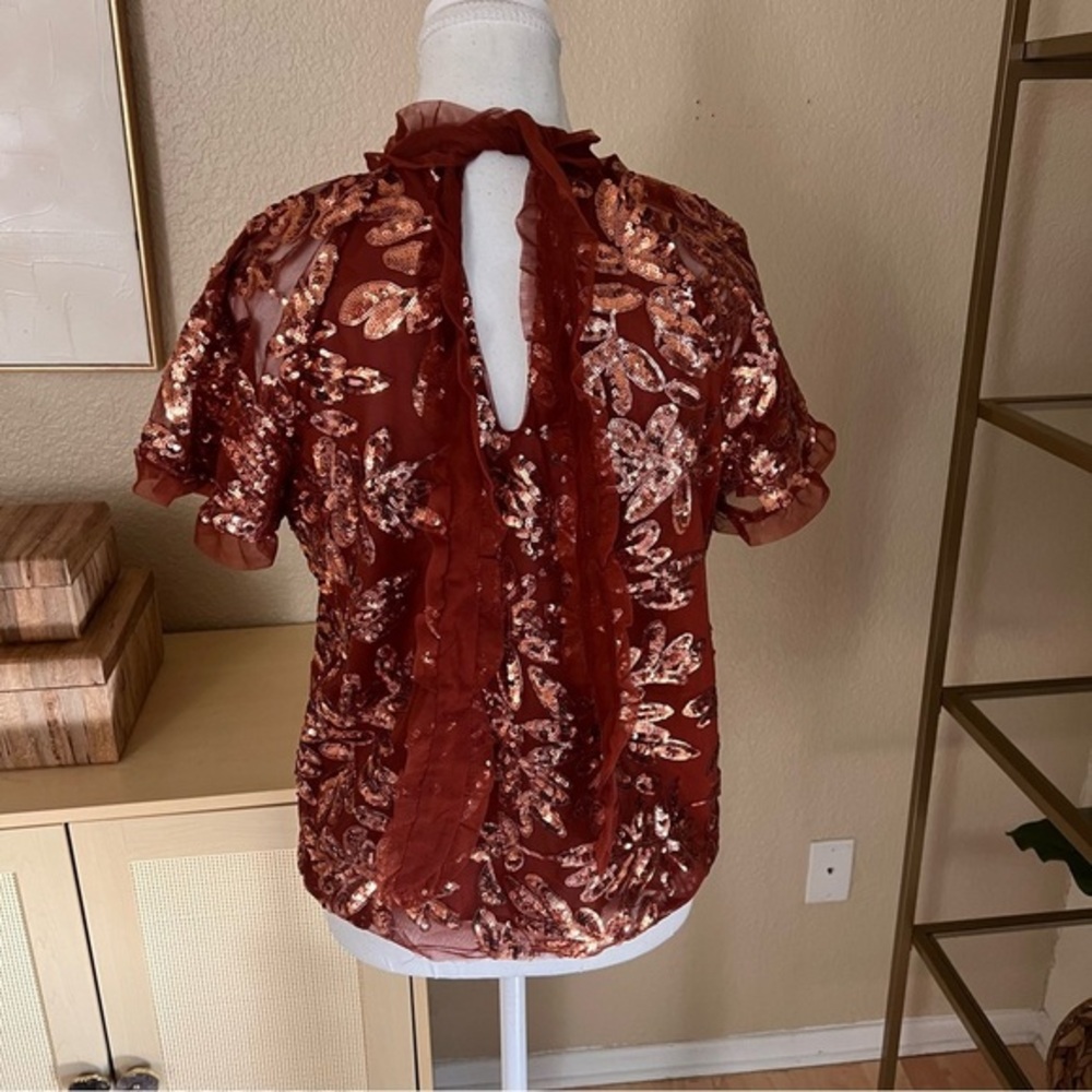 Anthropologie Sequin Embellished Top in Rust Flare Sleeve Size XS - Picture 6 of 11